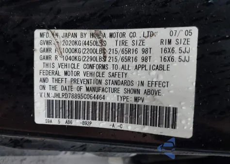 2005 Honda Cr-V Ex from USA, damaged, VIN JHLRD78895C064464